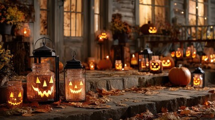 Obraz premium halloween decorations with spooky lanterns in mason jars with pumpkin faces creating a magical ambiance on a porch with autumn leaves and treats scattered around