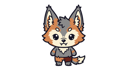 Cute Chibi Cartoon Wolf Character Standing with Big Ears.