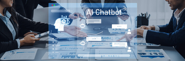 A dynamic business meeting featuring a diverse team collaborating on AI chatbot development, surrounded by technology charts and data analytics in a contemporary office space. Trope