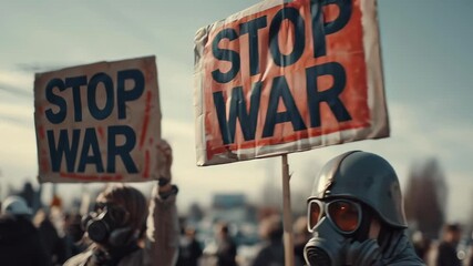 A group of protesters hold signs that say Stop War. Scene is serious and determined