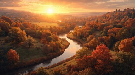 Naklejka premium Autumn countryside at sunrise, golden-orange light reflecting on colorful trees, calm river flowing through, warm and serene seasonal atmosphere background