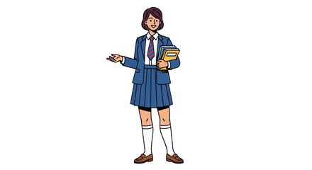 Smiling Female Student in Blue School Uniform Holding Books.