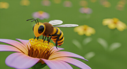 A detailed, close-up digital rendering or photograph captures a stylized honey bee resting on a lavender and yellow flower in a field of similar flora.