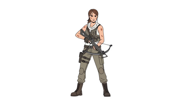 Female Soldier in Tactical Gear Holding a Rifle and Crossbow.