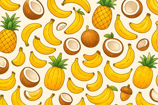 seamless pattern with fruits (banana , coconut, mango)