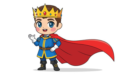 Cartoon King with Golden Crown and Red Cape Waving Hand.