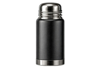 Sleek black thermos with stainless steel accents for hot and cold beverages on transparent background