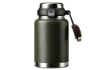 Olive green stainless steel water bottle with leather strap for outdoor activities and hydration needs on transparent background