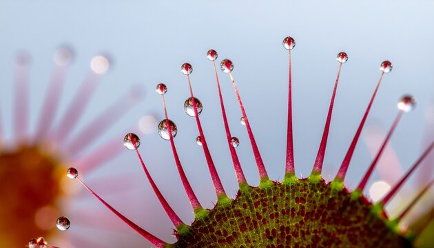 Tiny water droplets cling to the edge of a carnivorous sundew plant.