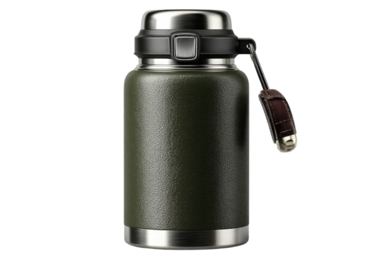 Olive green stainless steel water bottle with leather strap for outdoor activities and hydration needs on transparent background