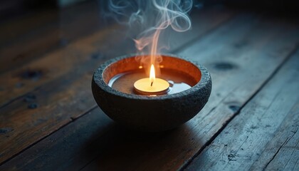 Floating candle in stone bowl with water. Wisps of smoke rise from burning wick. Gentle candlelight illuminates dark room, creating peaceful, spiritual mood on wooden surface.