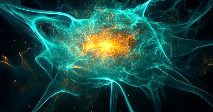 Abstract glowing nebula with vibrant orange and teal energy tendrils against a dark background, representing cosmic creation or a powerful explosion 4k video