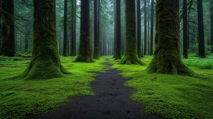 Obraz premium Forest path green moss sunlight tall trees