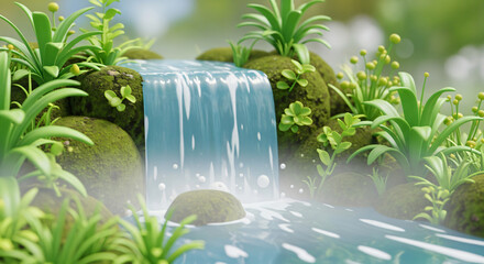 A highly detailed, three-dimensional digital rendering of a miniature waterfall in a lush, green, natural setting. The water flows over a small cascade of moss-covered rocks.