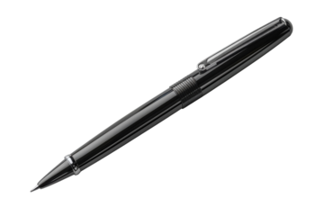 Sleek black rollerball pen with chrome accents for professional writing needs on transparent background