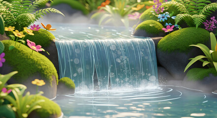 A vibrant, digitally rendered scene depicts a small waterfall cascading into a clear, tranquil stream or pool, surrounded by lush, verdant foliage and colorful flowers.