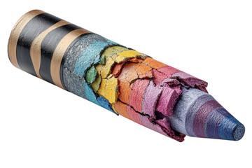 Macro photograph of a cracked rainbow crayon with black and gold stripes on transparent background