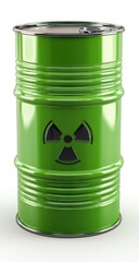 A vibrant green metal drum, prominently displaying a black radioactive symbol, stands against a plain white backdrop.