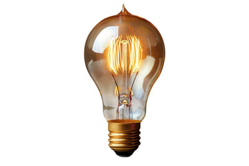 Vintage edison light bulb glowing warmly against a showcasing its intricate filament design on transparent background