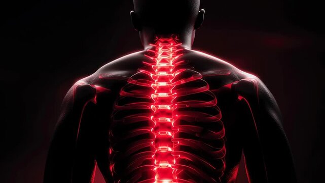 A man's back is lit up in red, with the spine and ribs clearly visible. Concept of intensity and focus on the human body's structure