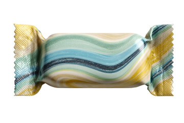 Wrapped candy with blue green yellow and white swirls on the wrapper against a close up on transparent background