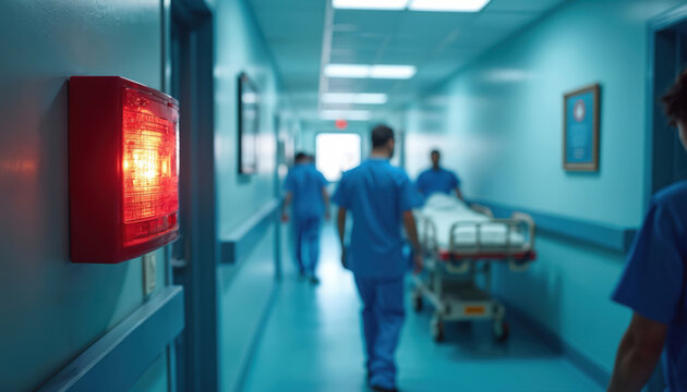Red fire alarm blinks in busy hospital corridor. Medical staff in blue scrubs hurry, push patient gurney rapidly down hall. Doctors, nurses respond to emergency alert, moving fast in clinic. Urgent