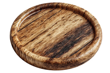 Rustic wooden plate with natural wood grain texture for serving food or displaying decorative items on transparent background