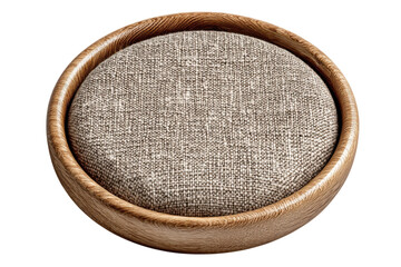 Round wooden stool with textured fabric seat offers a minimalist and modern seating solution for any space on transparent background