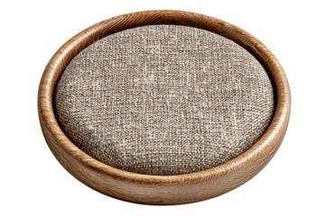 Round wooden stool with textured fabric seat offers a minimalist and modern seating solution for any space on transparent background