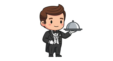 Cartoon Butler Holding Silver Tray with Cloche Smiling.