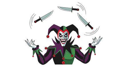 Sinister Jester Juggling Sharp Knives Illustration.