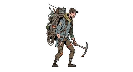 Adventurous Man with Large Backpack and Pickaxe Ready for Exploration.