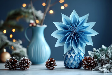 A paper flower in blue sits on a table surrounded by pine cones and a blue vase with lights. Concept of winter decoration, elegance, still life. For seasonal decor.