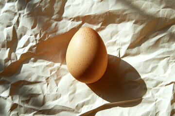 An egg rests on crumpled paper, casting a shadow. Concept of simplicity and minimalism. For culinary or art projects.