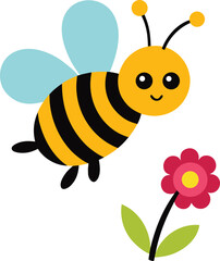 Cute cartoon bee with wings flying near a pink flower isolated on white background
