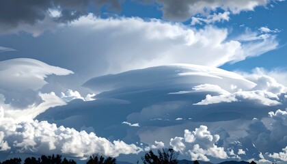 A sky filled with dramatic layered lenticular clouds against a blue background