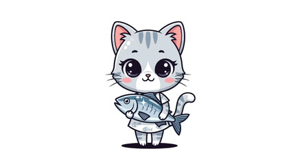 Adorable Cartoon Cat Holding a Freshly Caught Fish.