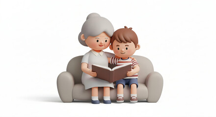 A 3D rendered illustration features two stylized, cartoon-like figures—an elderly woman and a young boy—sitting close together on a small, beige couch against a pure white background.