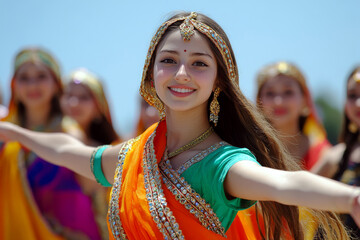 A young woman in traditional attire dances joyfully outdoors, surrounded by others. Concept of celebration and cultural expression. For cultural event promotions.