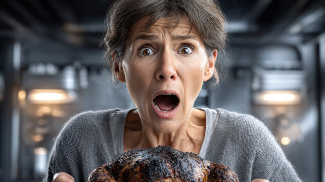 Shocked woman holding a burnt roasted turkey, staring in disbelief and horror in a modern kitchen, capturing the moment of a cooking disaster.