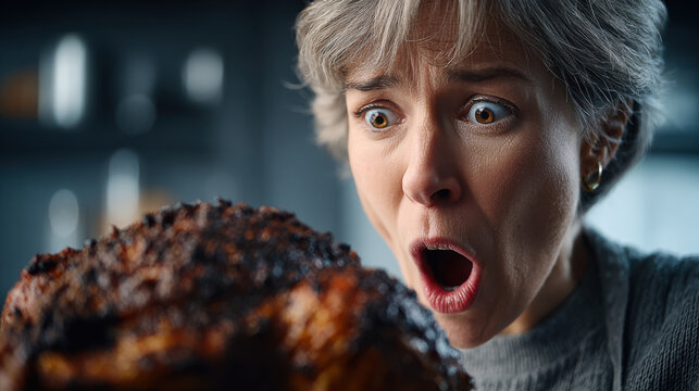 Shocked woman stares at a burnt Thanksgiving turkey, expressing dismay in the kitchen, capturing the unexpected chaos of a holiday celebration - Powered by Adobe