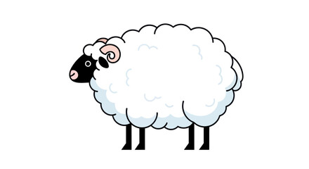 Cartoon Illustration of a Fluffy White Sheep with Black Face.