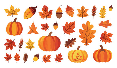 Set Autumn element illustration with a simple flat design style, featuring vibrant orange, yellow, and red hues, set against a soft cream or white background With png Transparent 