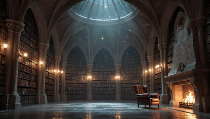 Naklejka premium Majestic gothic library hall with towering bookshelves, arched columns, and sunlight streaming through a dome skylight, creating a mystical and serene atmosphere.