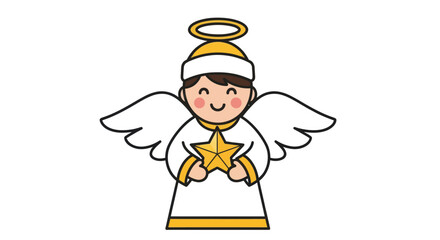 Cartoon Angel Holding Golden Star Smiling with Halo.