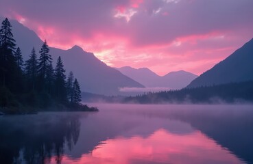 Purple pink dawn sky over calm lake water with mist. Mountains and pine trees reflected on the still lake surface. Peaceful nature landscape scene in morning.