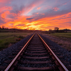 Fototapeta premium The railway tracks, rusty and weathered, lead to a dramatic sunset with vibrant oranges and pinks, illuminating the rural landscape with rolling hills, green fields.