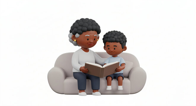 A high-fidelity 3D rendered illustration depicts an older Black woman and a young Black boy sitting side-by-side on a beige, fabric-textured sofa, reading a book together.