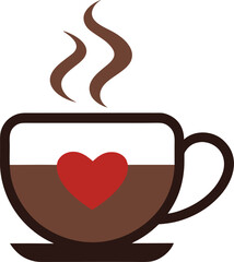 A steaming cup of coffee with a red heart symbol isolated on white background