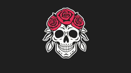 A stylized skull adorned with a crown of vibrant red roses, set against a dark background.